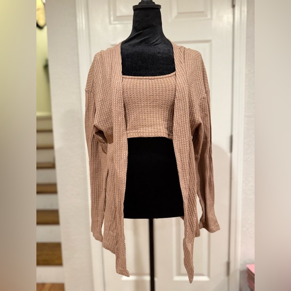 SHEIN Tops - Shein 2-Piece Waffle Knit Lounge Set - Cardigan & Crop Top, Taupe Size Medium
